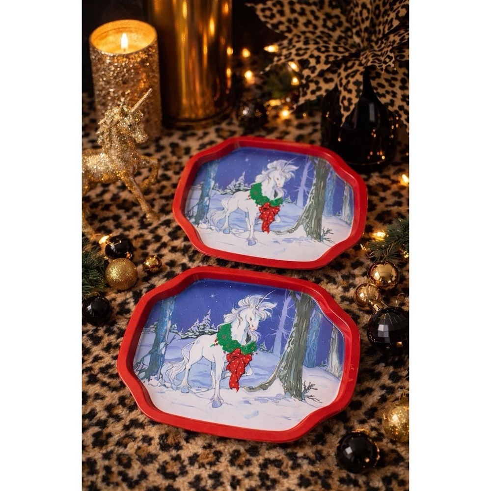 VTG Hartin Unicorn Christmas Serving Trays Set 2 Red Holiday 7.5" Retro Whimsy